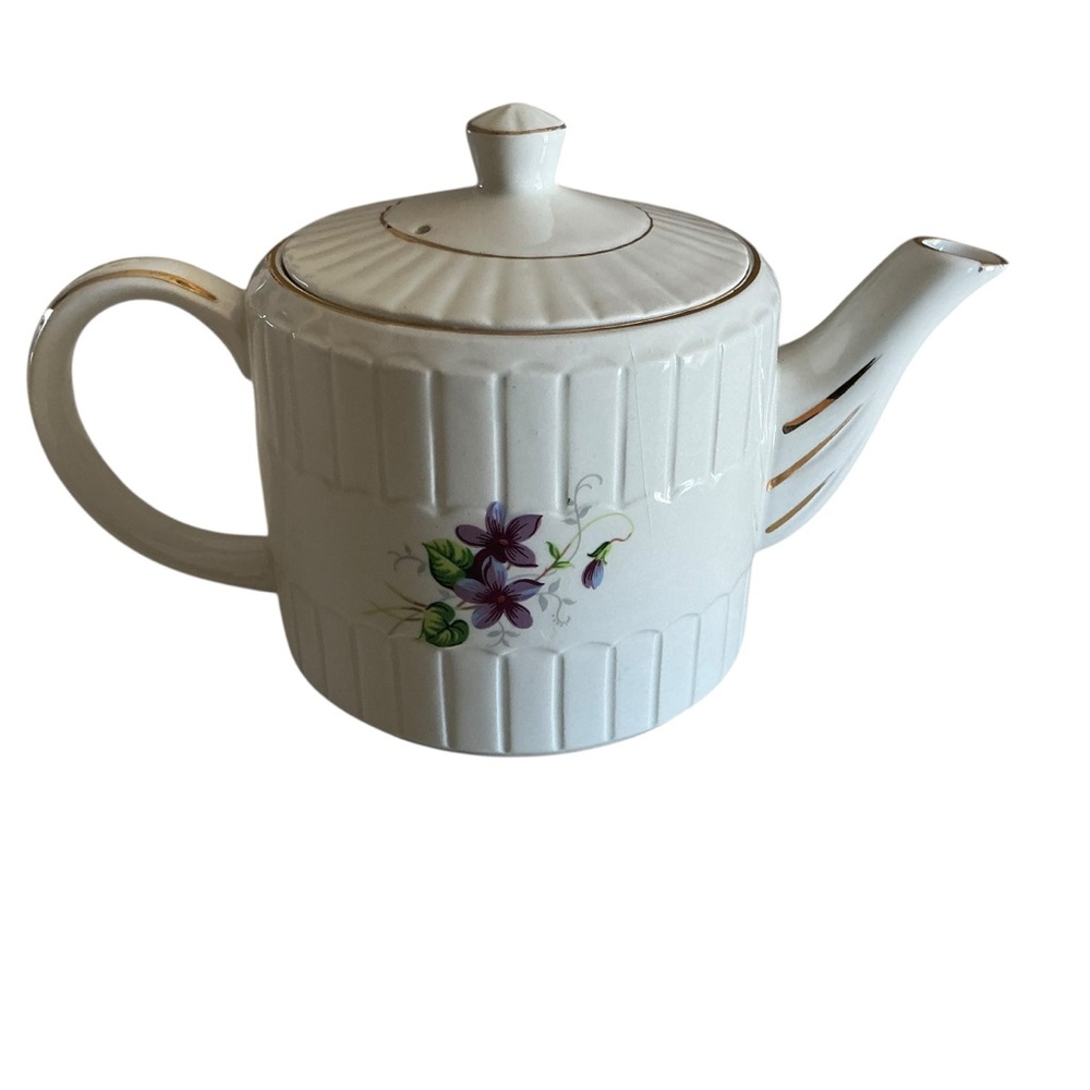 Vintage Ellgreave wood & sons ironstone teapot white with violets MCM England
